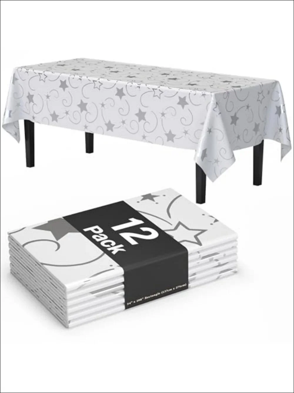 12 Pack Silver Star Tablecloth Rectangle 54x108 Disposable Plastic Table Cover